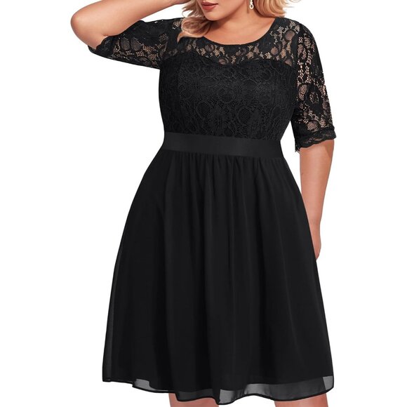 Plus Size Cocktail Dress Lace Midi Pockets Floral for Graduation and Events - Picture 5 of 5